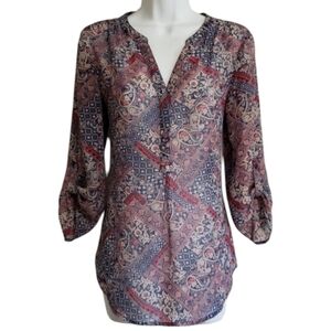 Maurices Womens Small Sheer V-Neck Hidden Button Paisley Tab Sleeve Blouse